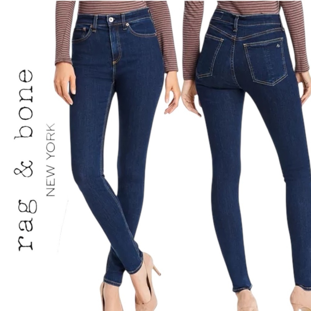 Rag & Bone Nina Hi Rise Skinny Jeans Stretch Marine Blue Contrast Stitching